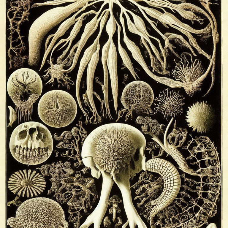 Detailed Marine Organisms Illustration: Jellyfish, Corals, Anemones on Black Background