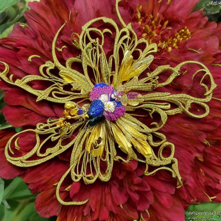 Red flower with golden lace embellishment and floral detail