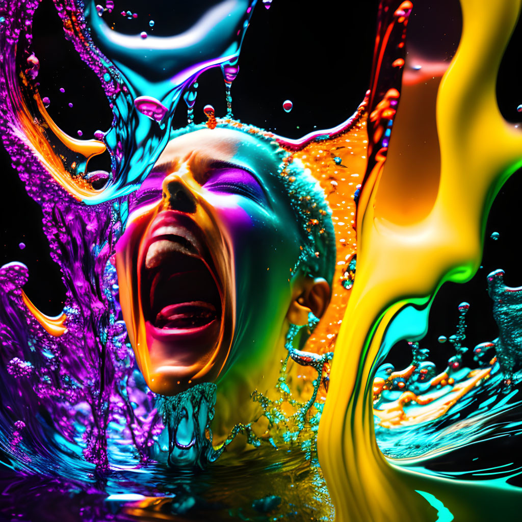 Colorful Abstract Portrait with Splashing Liquids on Dark Background