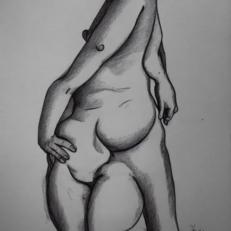 Detailed Pencil Sketch: Side View of Nude Female Figure with Hand on Hip, Emphasizing Cur