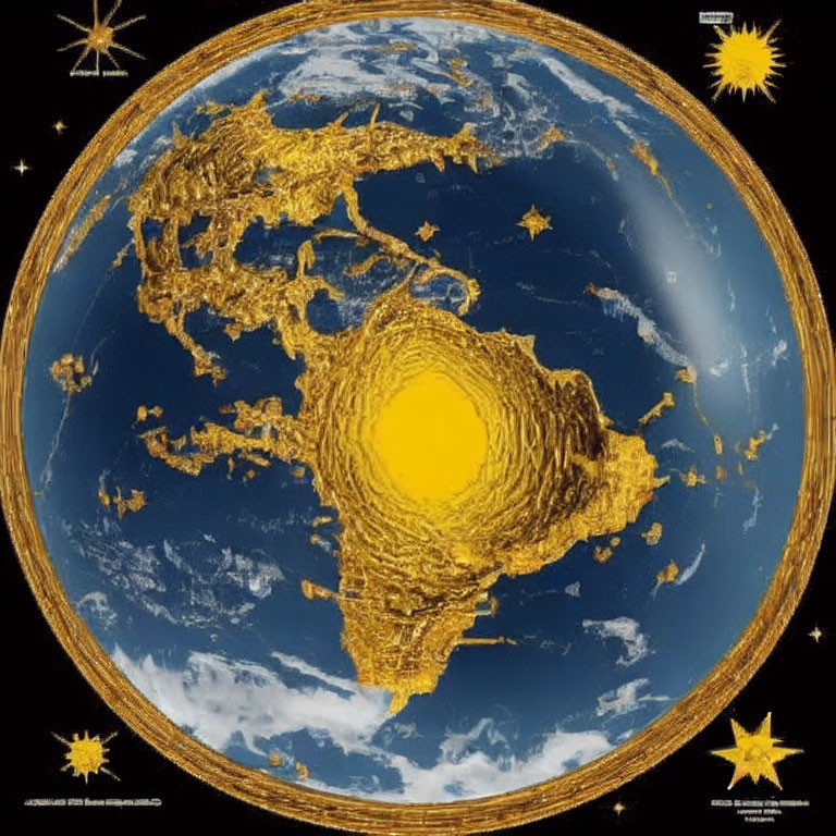 Circular Earth map with gold continents on blue ocean background and sun icons in gold border