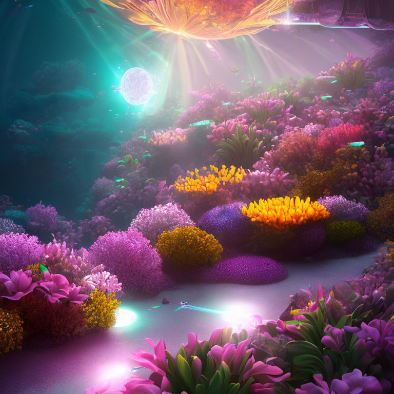 Colorful Coral Reef Underwater with Glowing Orb and Sun Rays
