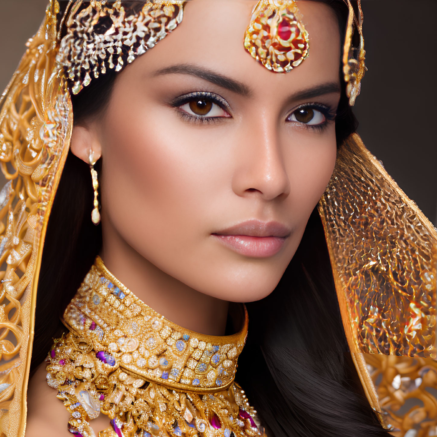 Intricate Gold Jewelry Adorns Woman Against Warm Brown Background