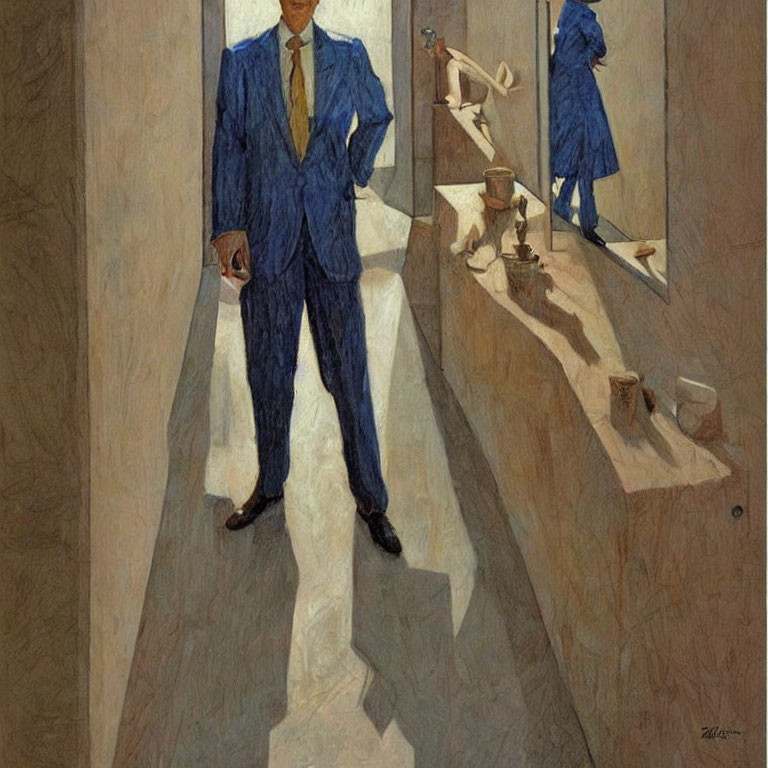 Man in Blue Suit Reflecting in Surreal Space