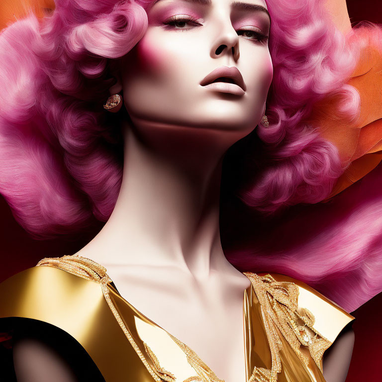 Vibrant pink hair woman in golden ruffled outfit on red backdrop