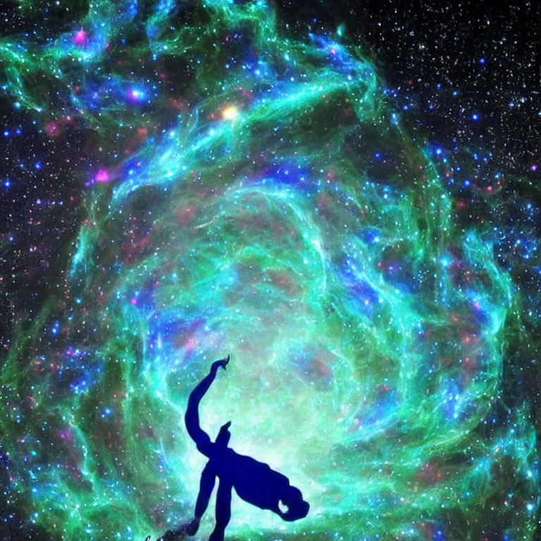 Silhouette dancing before vibrant nebula in space