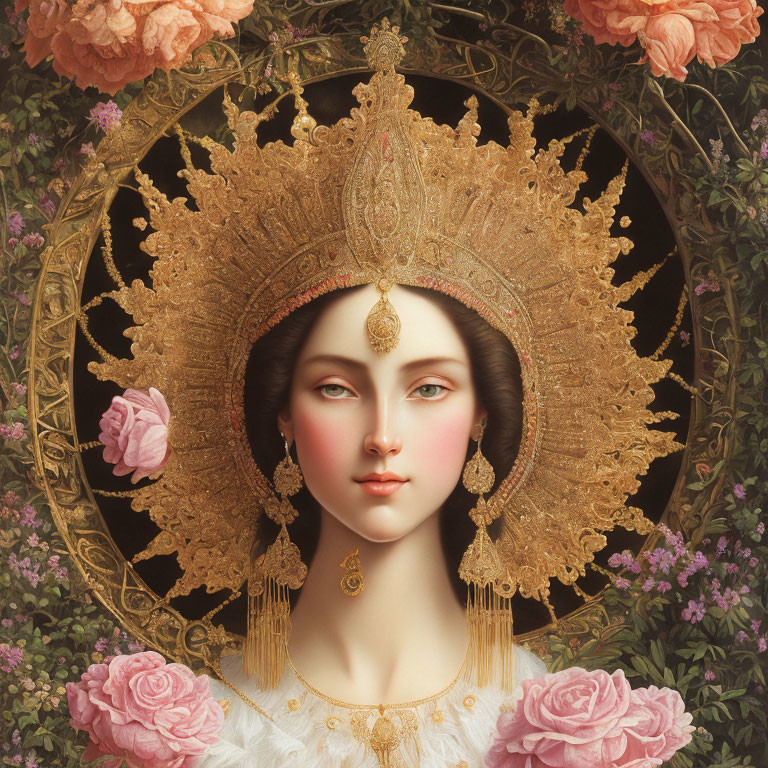 Regal woman with golden headdress and roses.