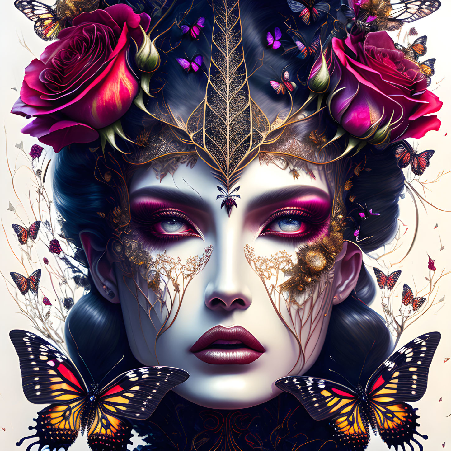 Stylized portrait of woman with flower crown and butterflies in vibrant purple hues