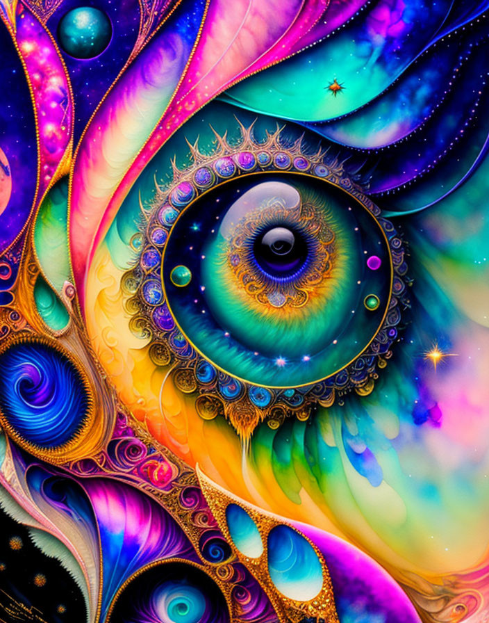Colorful Psychedelic Eye Artwork with Celestial and Organic Motifs