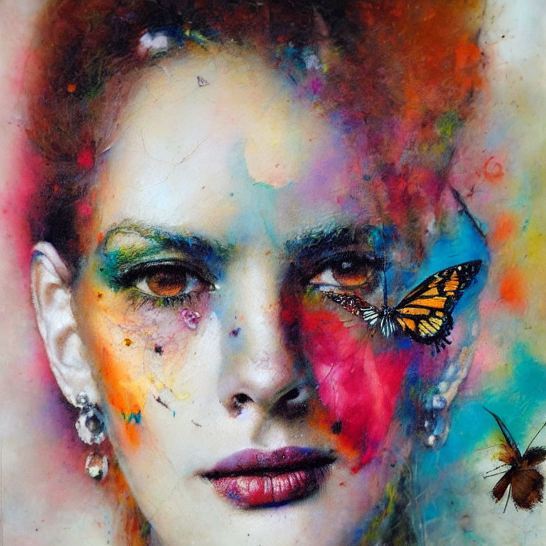 Colorful portrait of woman with tear, paint splashes, butterfly, and spider.