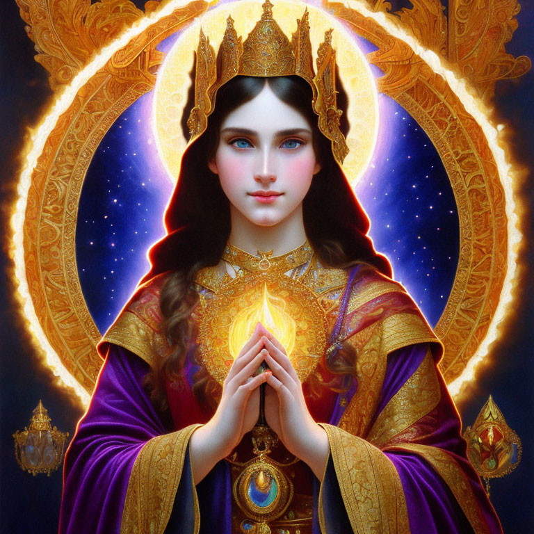 Regal figure with blue eyes in purple robe holding glowing orb and cosmic halo.