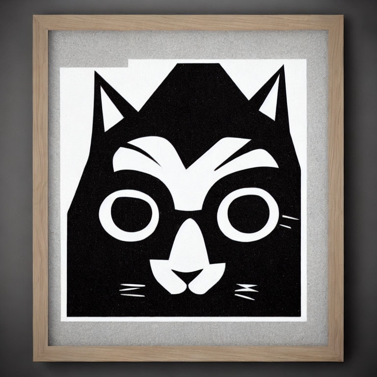 Black and white cat face art in wooden frame on gray background