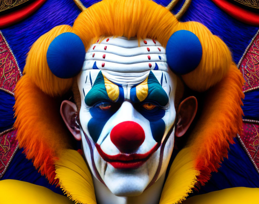 Detailed Close-Up of Clown with Vivid Makeup and Colorful Frilled Collar