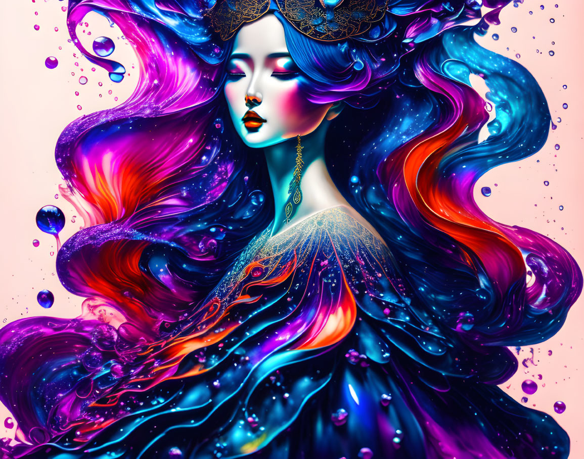 Colorful woman with swirling hair and headpiece on vibrant background