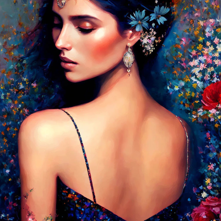 Colorful Impressionistic Flowers Surround Woman with Jeweled Accessories