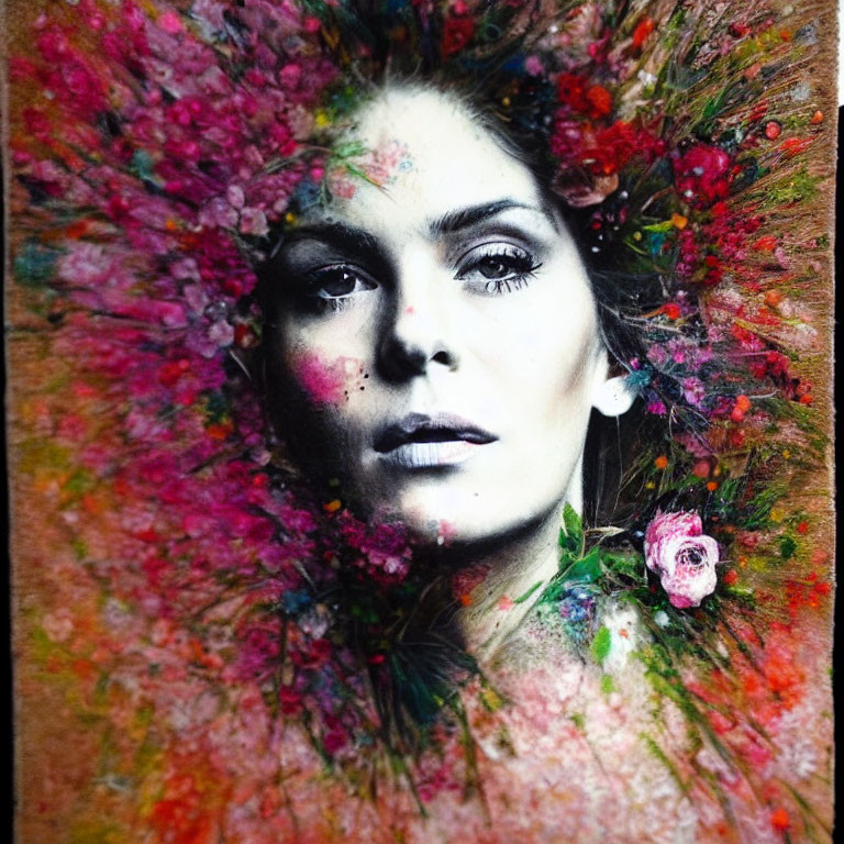 Colorful floral and paint splatter effects frame a woman's monochromatic face