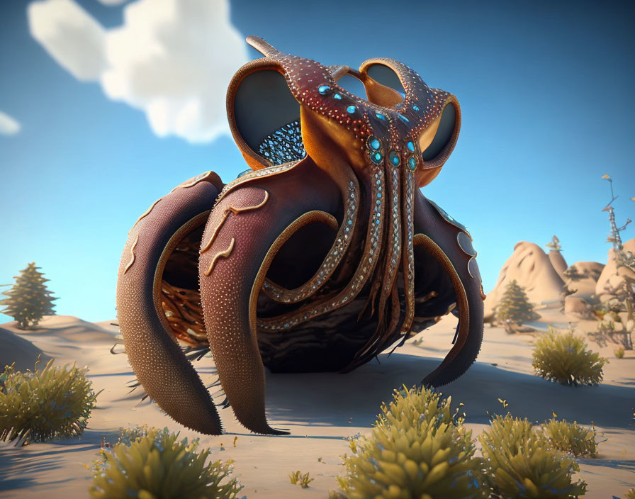 Digitally-rendered oversized octopus on desert landscape with blue sky