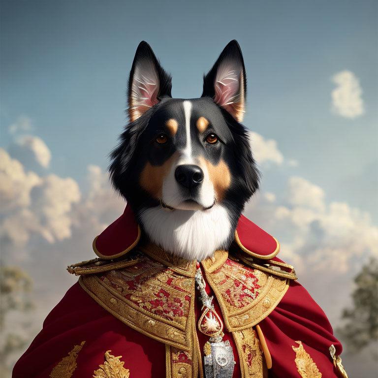 Dog in Royal Red Cloak Against Cloudy Sky