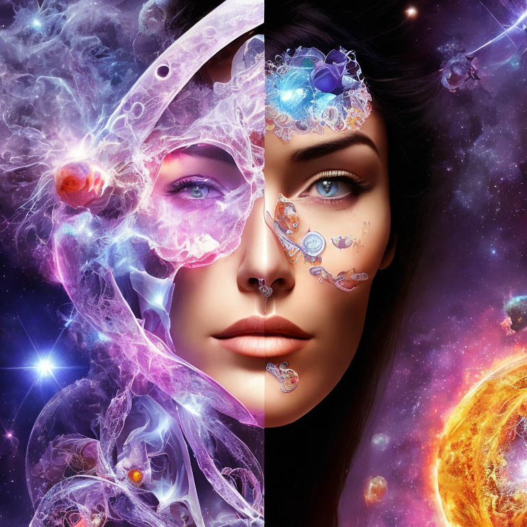 Split-image: Woman's face adorned with jewels merging into cosmic nebula.