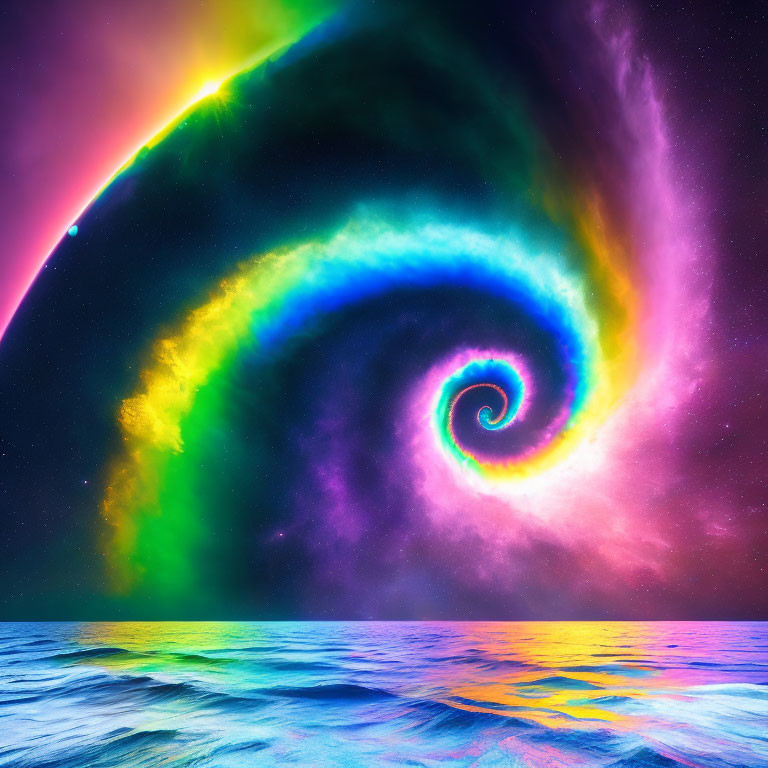 Neon cosmic spiral reflected in tranquil water