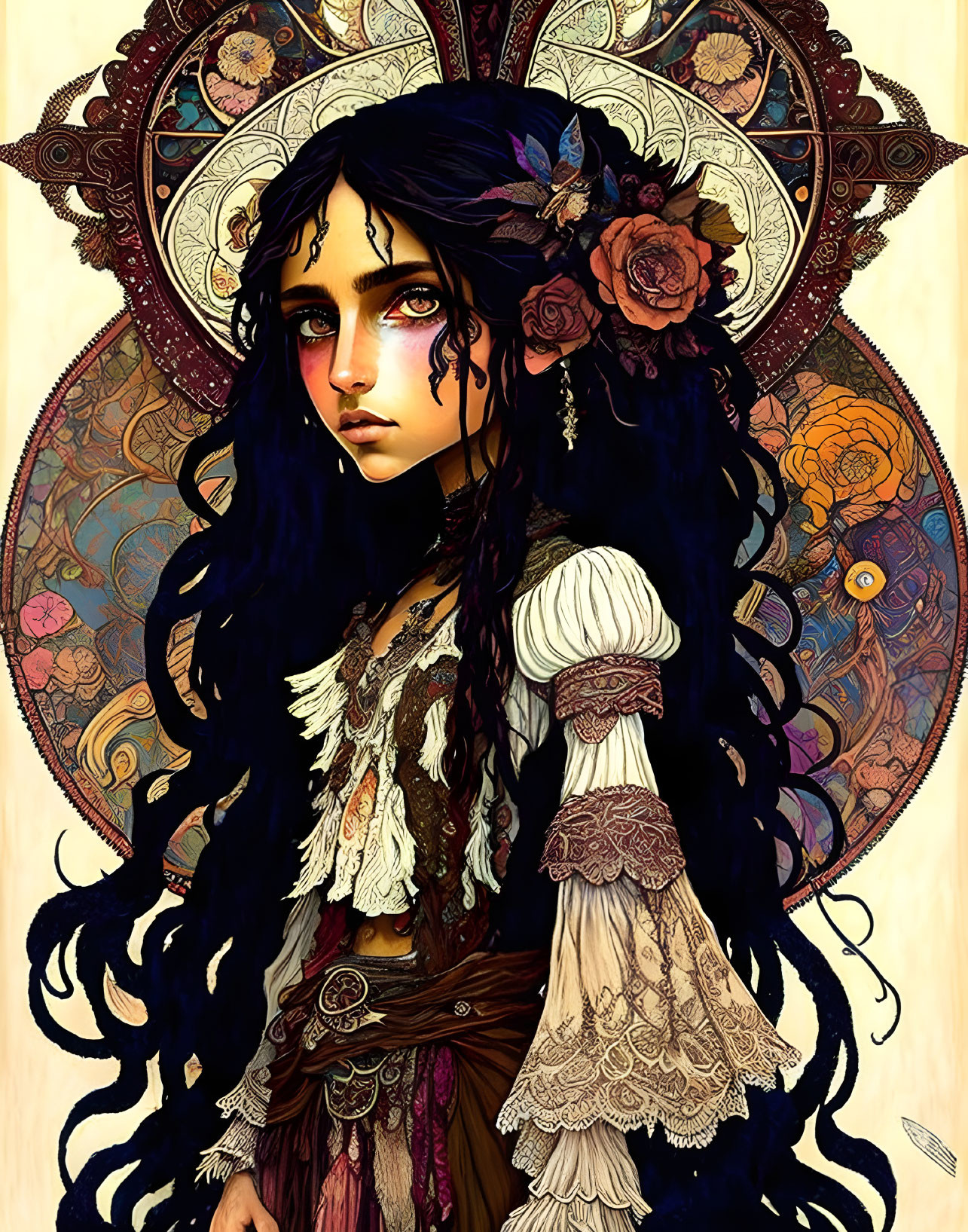 Detailed Illustration of Female Figure with Black Hair and Roses on Golden Mandala Background