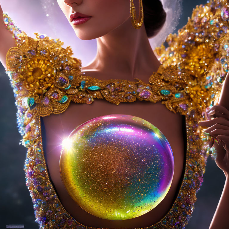 Elegant Person in Golden Bejeweled Outfit with Cosmic Orb on Chest