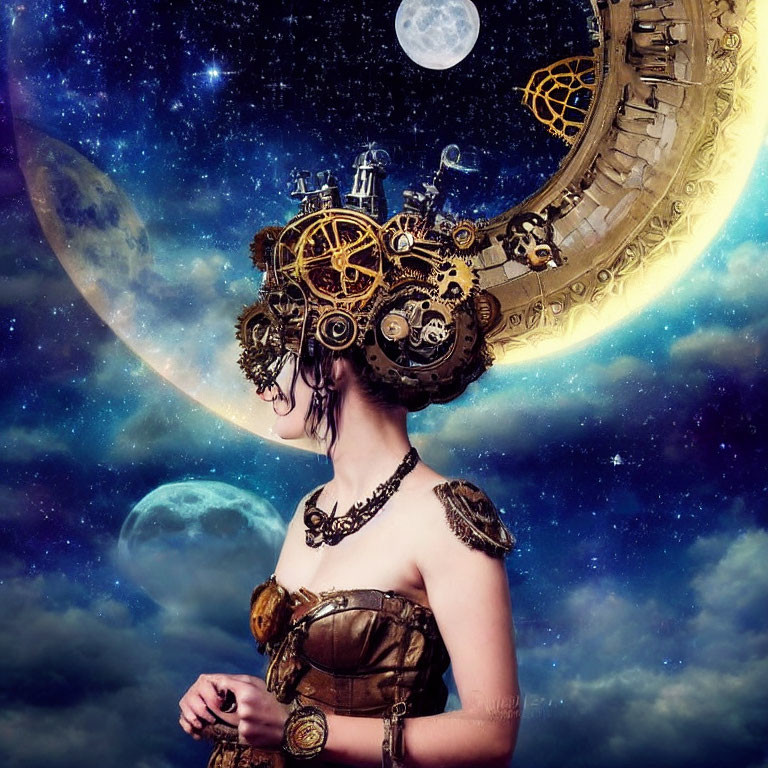 Profile of woman in steampunk headgear with cosmic background.