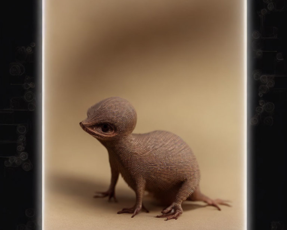 Knitted doll-like lizard-bird creature on sepia background