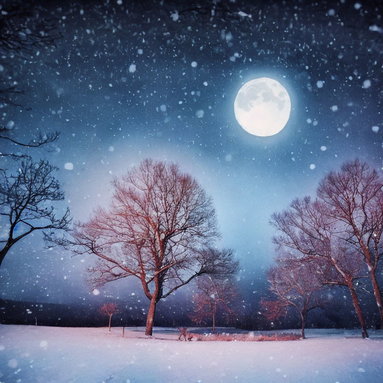 Snowy Night Landscape with Bright Full Moon