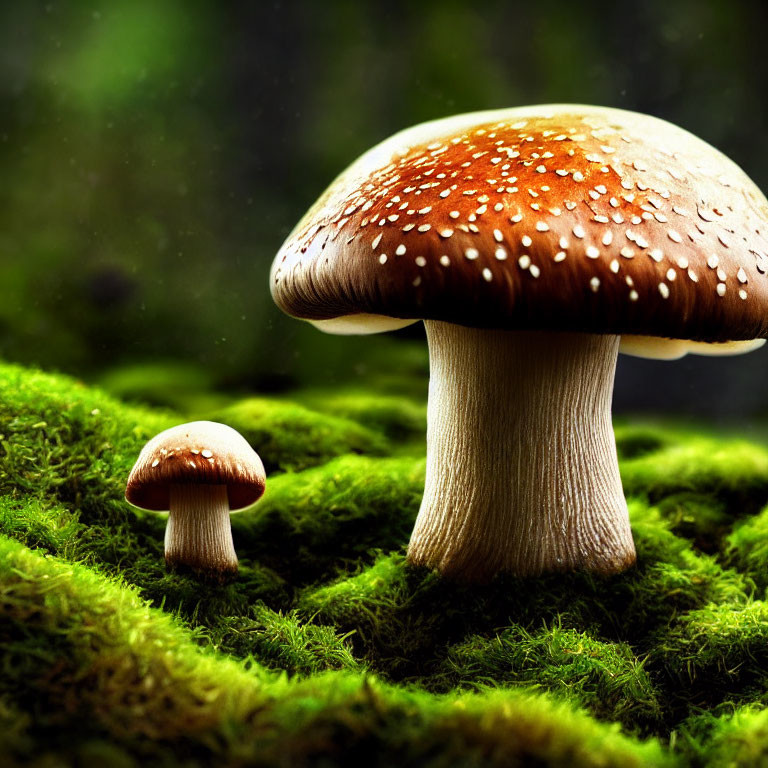 Brown Spotted Mushrooms on Green Moss in Dimly Lit Setting