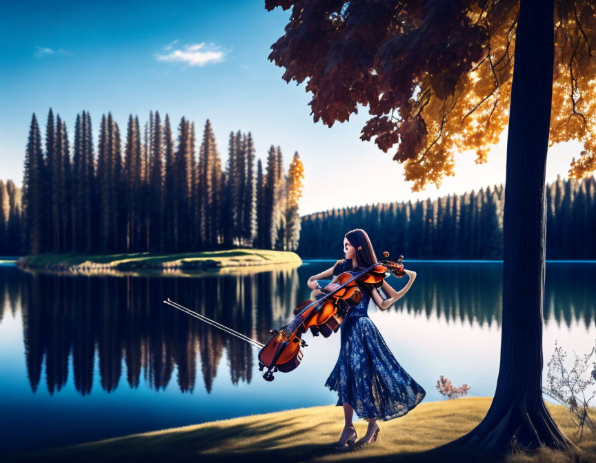 Woman Playing Violin by Calm Lake Surrounded by Forests and Autumn Leaves