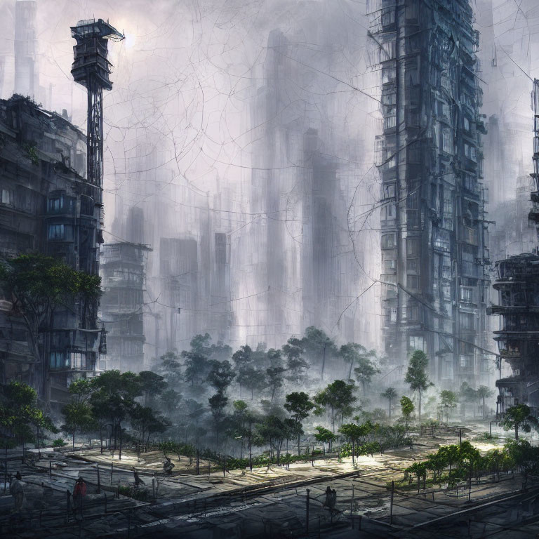 Futuristic cityscape with skyscrapers, forests, pedestrians, and urban decay