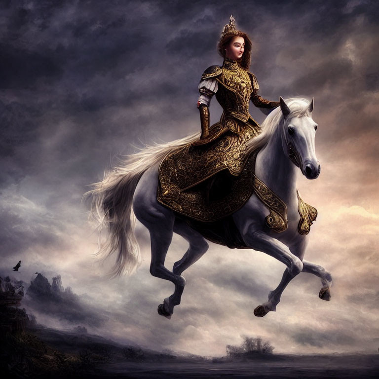 Female warrior in golden armor on white horse under dramatic sky