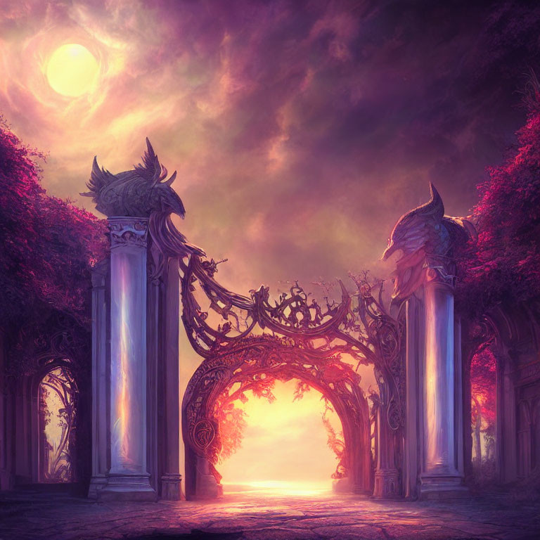 Fantasy gate with dragon sculptures under mystical purple sky