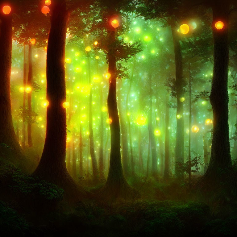 Mystical forest with tall trees and glowing green lights