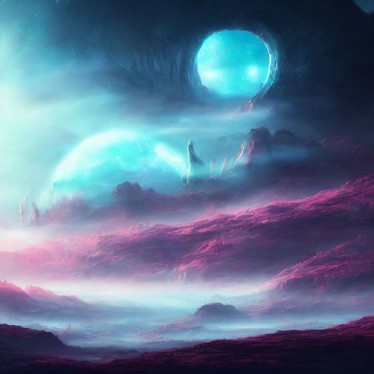 Surreal landscape with glowing blue orbs and lone figure among rock formations