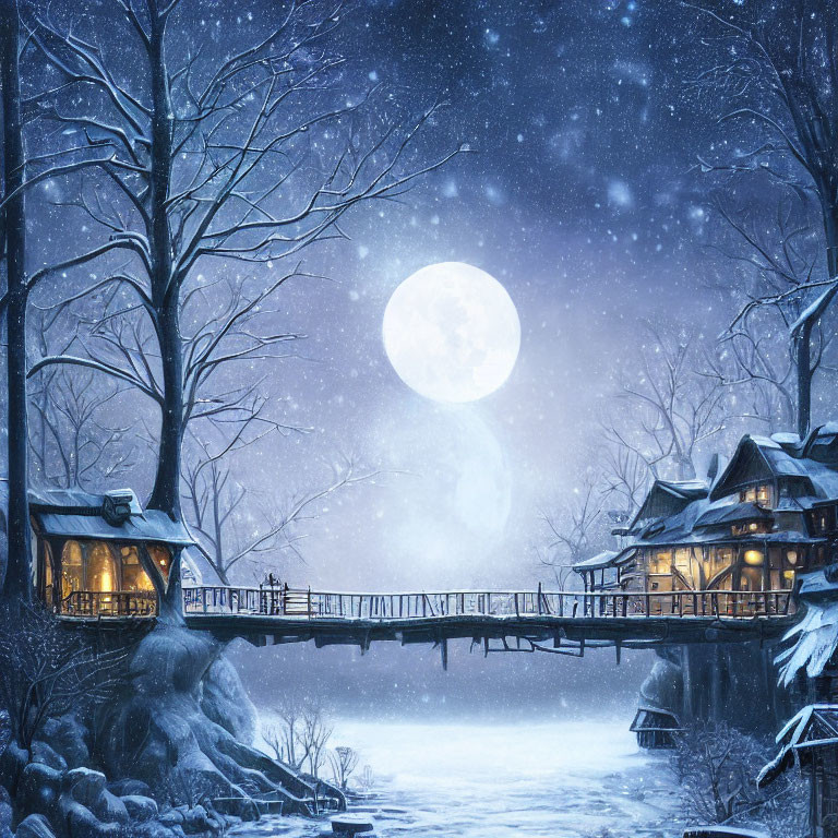 Snow-covered trees in moonlit winter night with cozy houses and bridge.