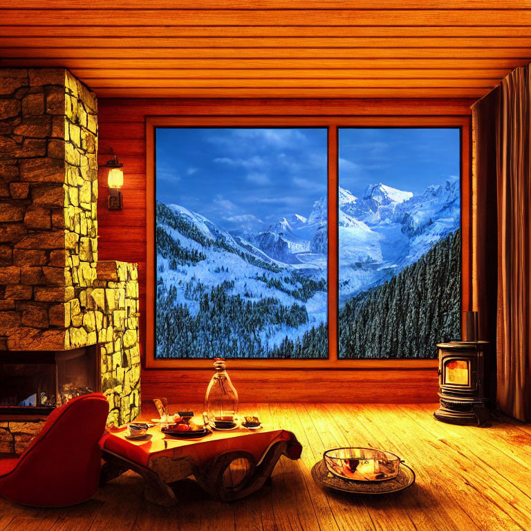 Cozy cabin interior with fireplace, red armchair, and snowy mountain view