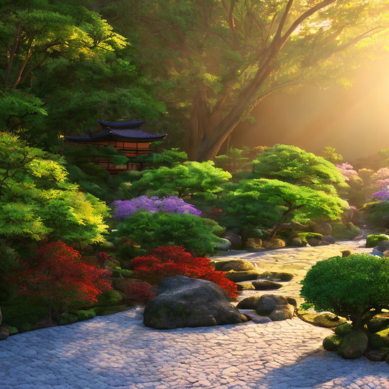 Tranquil Japanese garden with stone pathway, maple trees, and pagoda at sunrise