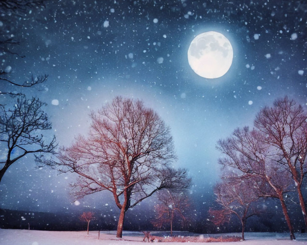 Snowy Night Landscape with Bright Full Moon