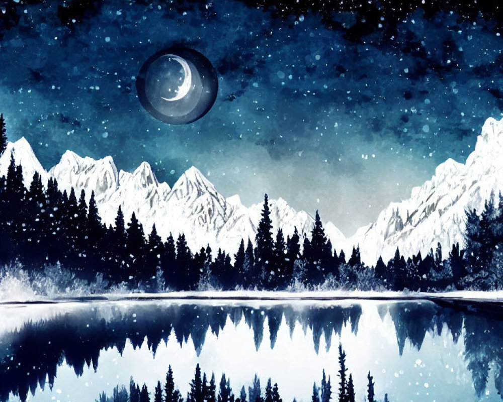 Night landscape with crescent moon, starry sky, snow-capped mountains, dark forest, and