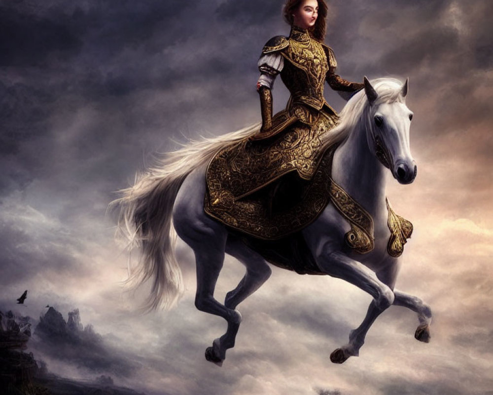 Female warrior in golden armor on white horse under dramatic sky