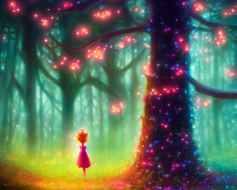 Enchanting forest scene with glowing pink lights and figure under tree