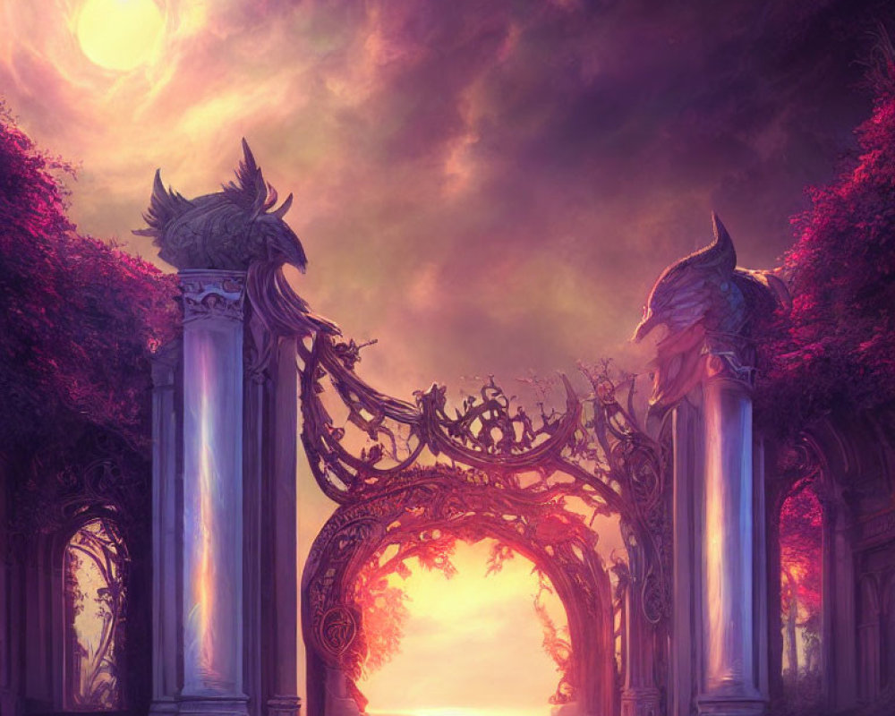 Fantasy gate with dragon sculptures under mystical purple sky