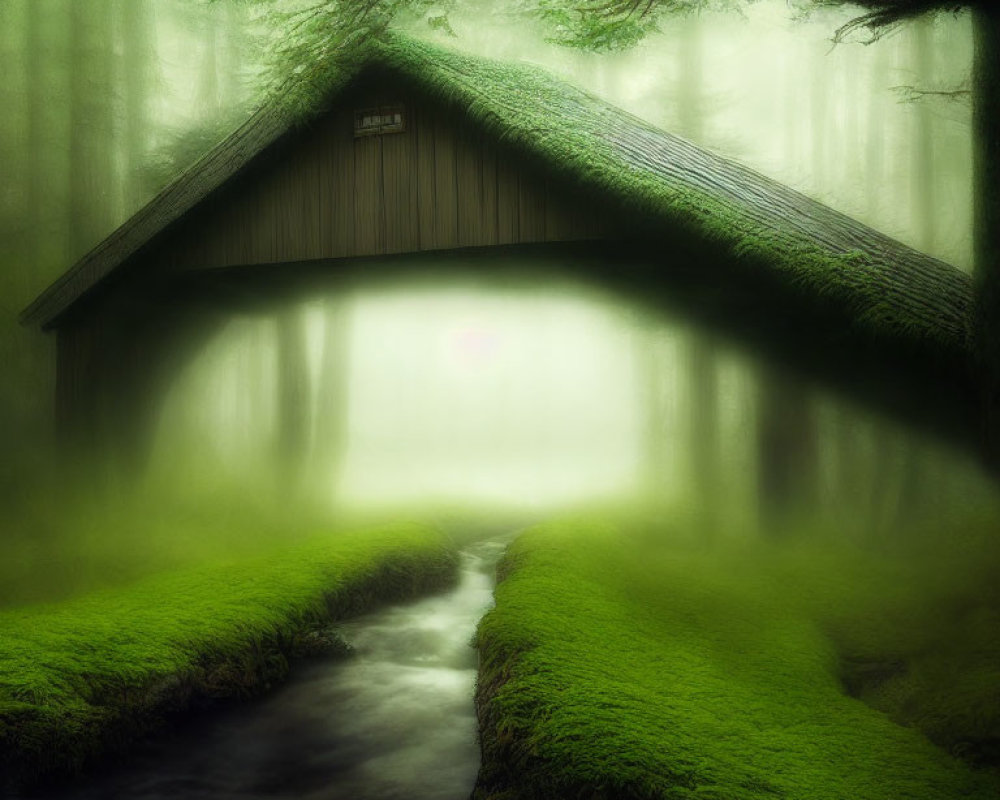 Moss-Covered Hut in Green Forest by Small Stream