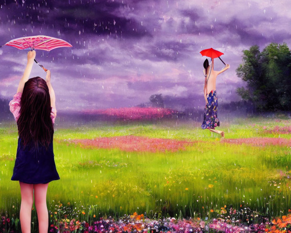 Vibrant digital artwork: Two girls with umbrellas in colorful flower field under purple sky