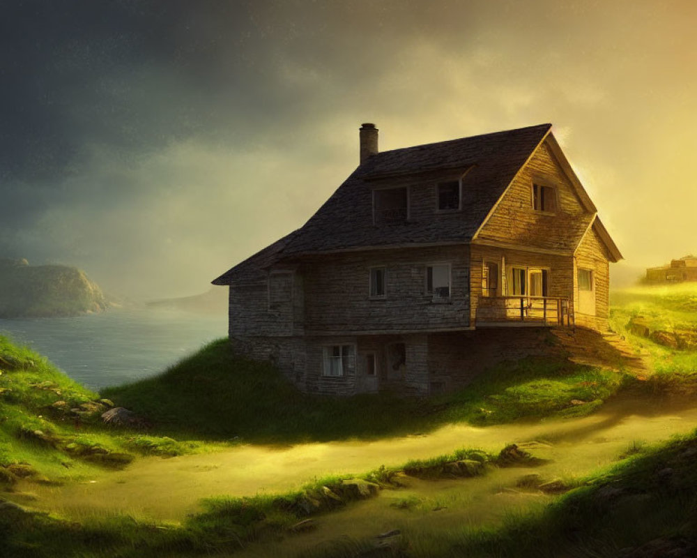 Two-story wooden house on grassy hillside with stormy sky and sea view