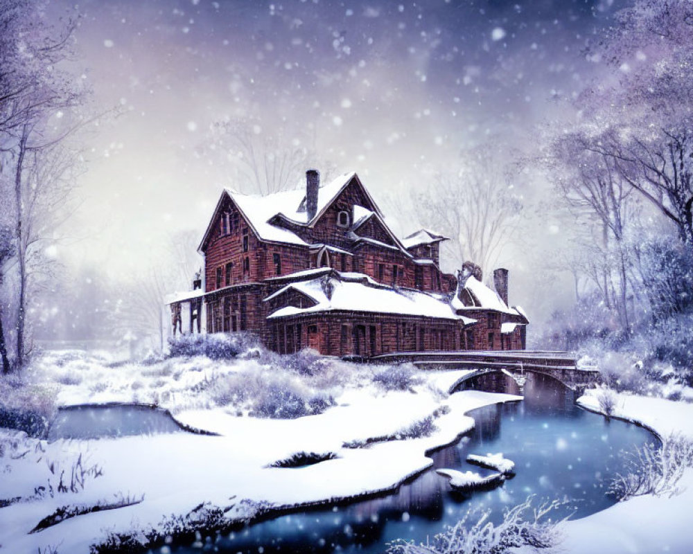 Snowy winter landscape with brick house, chimneys, trees, bridge, and falling snow.