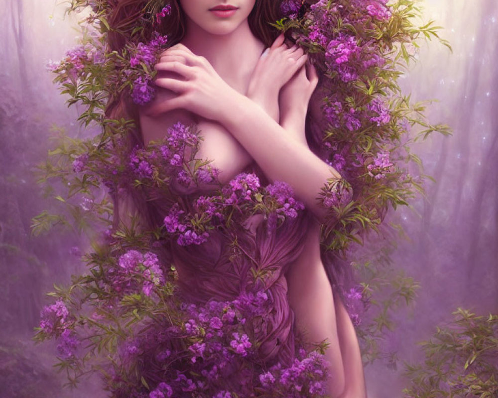 Illustrated woman in purple flowers and greenery, mystical forest background