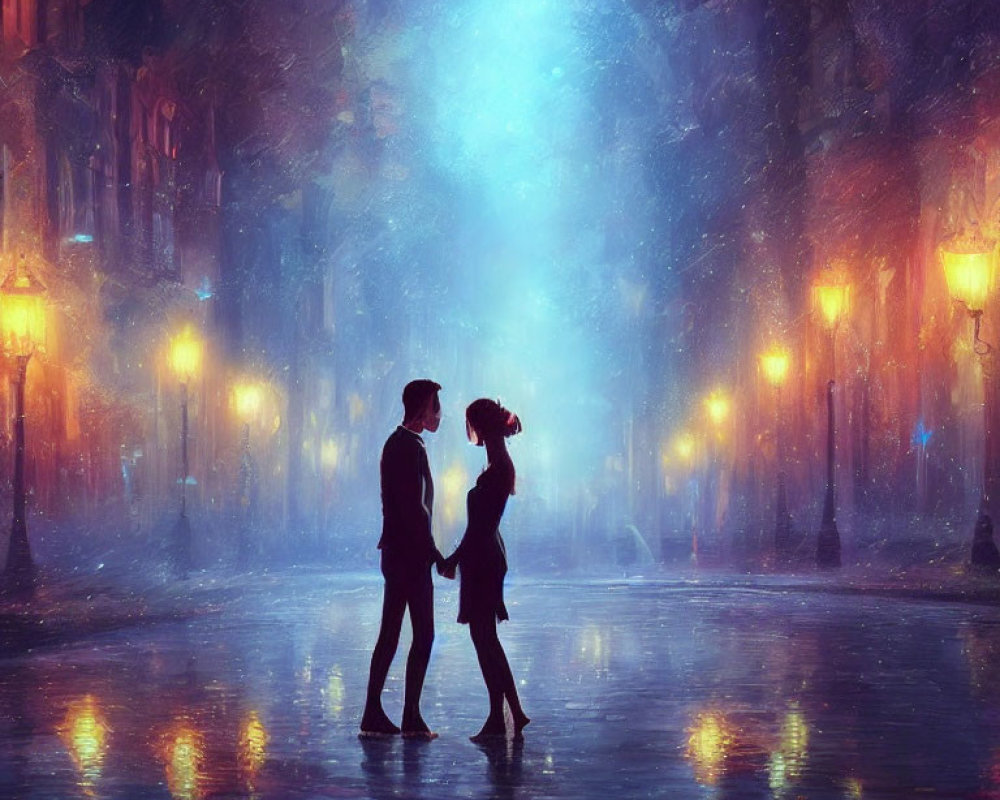 Romantic couple under glowing streetlights in misty cityscape